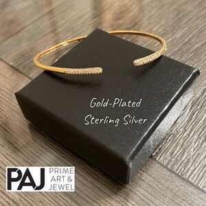 PAJ Slim Open Cuff Bangle, Gold Clad 925 Bracelet with Crystal Accents